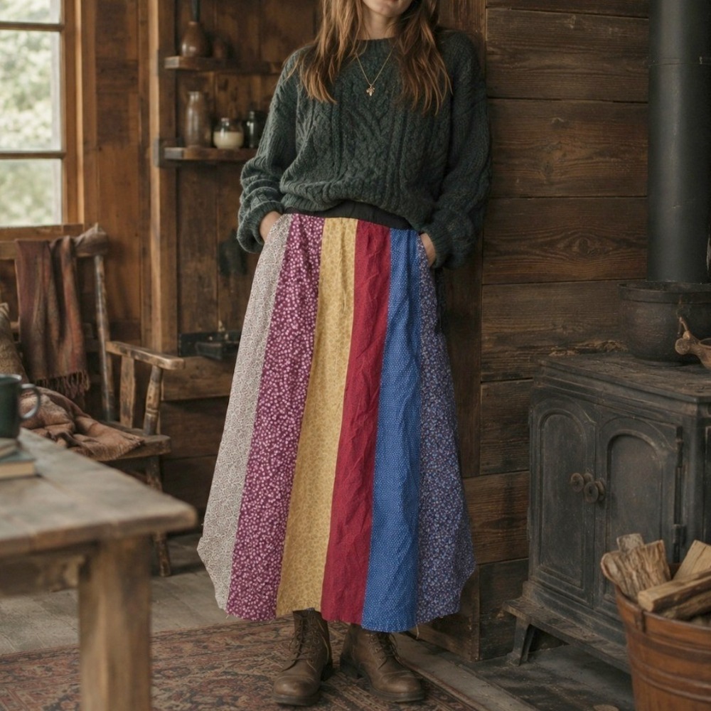 Vintage Handmade Maxi Skirt Patchwork Floral Calico Boho Large Prairie Folk 70s